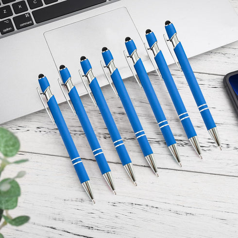 PASISIBICK 12 Pieces Blue Ballpoint Pen with Stylus Tip, 2 in 1 Stylish Metal Pen for Touch Screens, Black Ink (Light