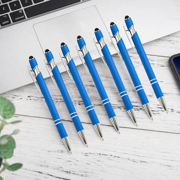 PASISIBICK 12 Pieces Blue Ballpoint Pen with Stylus Tip, 2 in 1 Stylish Metal Pen for Touch Screens, Black Ink (Light