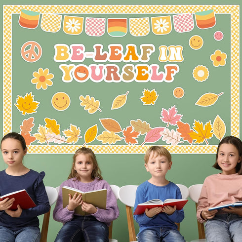 Fall Bulletin Board Decorations Set, Groovy Autumn Classroom Decor with Motivational Leaves Cutouts