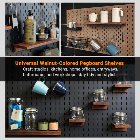 SEMPOMA 2 Pack 4''x4'' Solid Wood Pegboard Shelves Compatible with IKEA Skadis Pegboard - Walnut Finish Wall