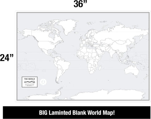 Large Laminated World Outline Map Poster, 36” x 24”, Great for Classroom or Home Study, Free Dry Erase Marker
