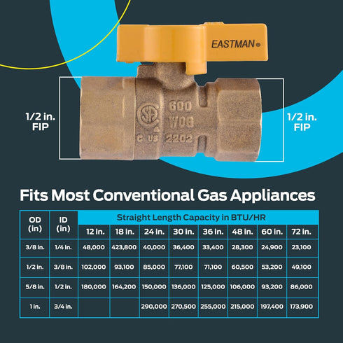 Eastman 1/2 Inch FIP Gas Ball Valve, Brass Connectors for Natural Gas and Liquid Propane, 60009B