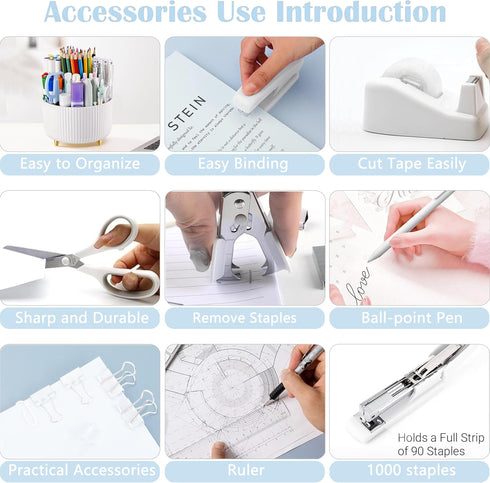 Office Desk Accessories, White 360° Pen Holder Desk Organizers with Tape Dispenser, Stapler, Remover, Staples, Ruler,
