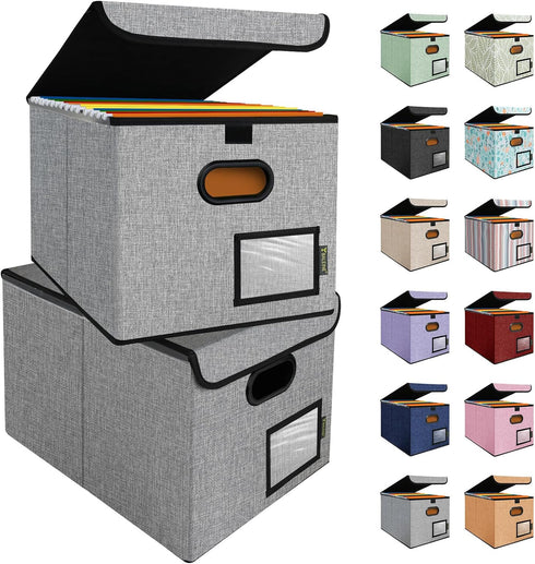 BALEINE Collapsible File Organizer Box with Lid - 2 Pack Grey Document Storage