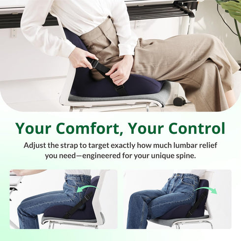 FuturaLoom Ergonomic Seat Cushion for Sciatica Relief & Long Driving - Memory Foam Back Support with Adjustable Strap