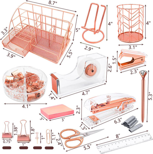 Office Desk Organizers, Rose Gold 13PCS Supplies and Accessories, Acrylic Stapler, Clips, Scissor, Tape Dispenser
