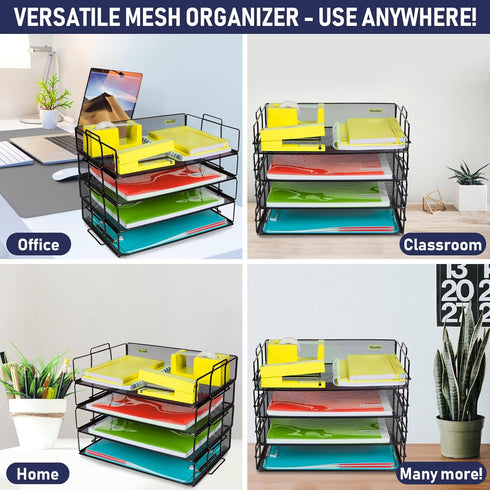 Stackable Paper Tray Desk Organizer - 4-Tier Metal Mesh Letter Organizers for Business, Home, School, Multi-Functional