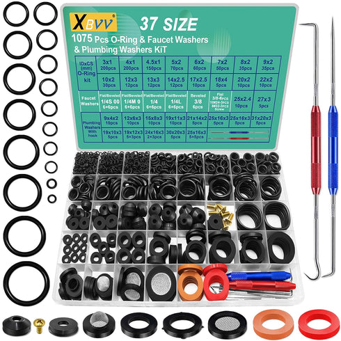 37 Size 1075 Pcs Faucet Washers & O-Rings Kit, Universal Rubber Washers Assortment for Plumbing Seal Repair