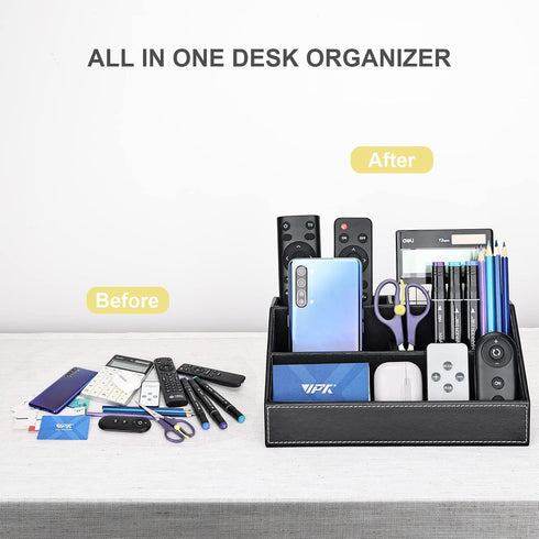 KINGFOM Pu Leather Desk Organizer with 5 Compartments for Office Supplies, Black