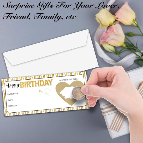 Foosproea -12 Happy Birthday Boarding Pass Card with Envelope - Golden Surprise Vacation Scratch Off Card - Birthday