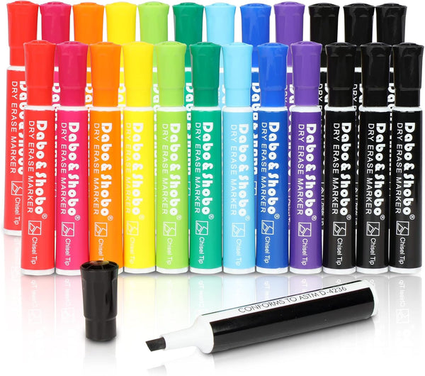 Dabo&Shobo 24 Pack Dry Erase Markers, 10 Assorted Colors with Low Odor Ink, Chisel Tip for Whiteboard