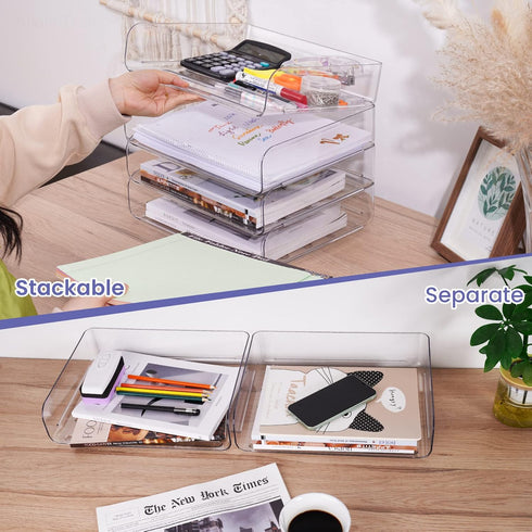 Tomorotec Desk Letter Tray Set, A4 Size Clear PET Stackable Document Organizer, Office Desktop File Paper Holder, Side