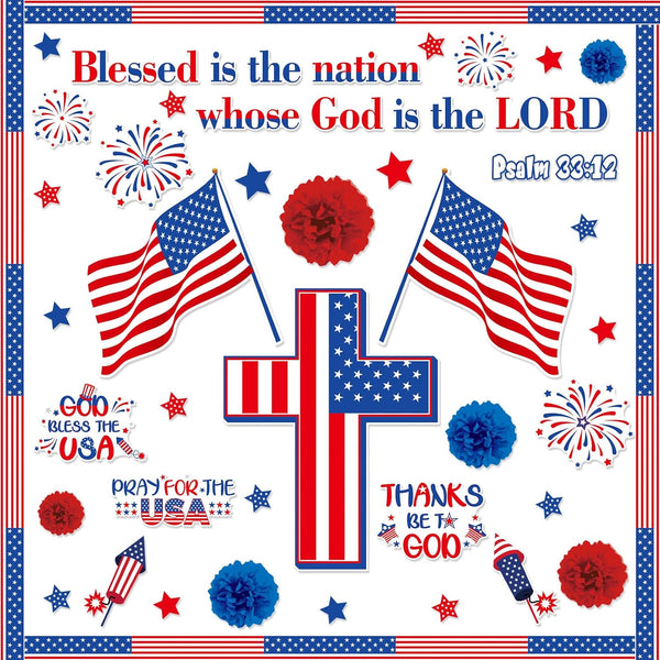 Pajean 67 Pcs God Bless American Bulletin Board Set, Patriotic Christian Classroom Decoration with American Flag Cross