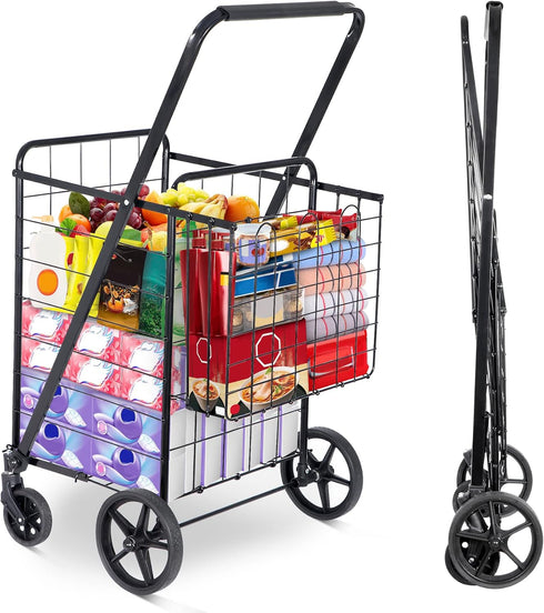 Foldable Shopping Utility Cart Compact Portable Grocery Cart w Whees Double Baskets,
