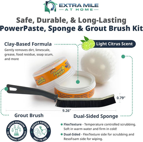 Power Paste Natural All Purpose Cleaner Bundle - Grout Cleaner for Tile Floors with Sponge & Crevice Brush - Deep