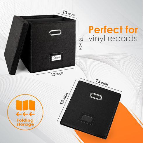 Vinyl Record Storage Box for 50+ Single LPs, Stackable Albums Linen Crate with Lid, Collapsible Document Organizer