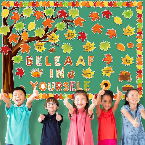 gisgfim Fall Classroom Tree Bulletin Board Set, Motivational Decorations with Leaves Cutouts for School