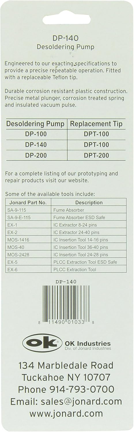 Jonard DP-140 Compact Desoldering Pump, 8" Length for Electronics Repair