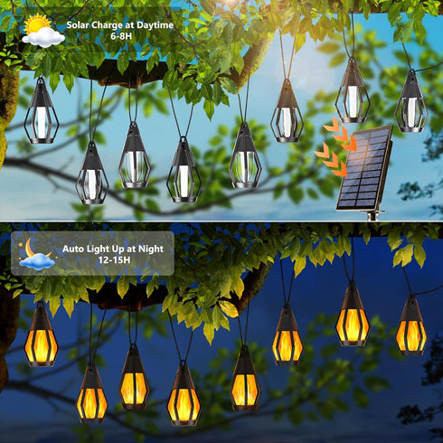 33Ft 15 Bulbs, Solar String Lights for Outside, Solar Patio Light with Flickering Flame Light Waterproof Warm White