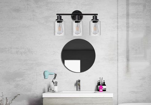 3 Fixtures(Bulbs Porch,E26 Ldeco Light Bathroom Light Included.),Black Vanity Lights with Clear Glass Shade,Modern Wall