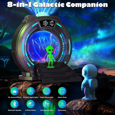 8-in-1 8 Sci-Fi Gateway Galaxy Projector Nebula Night Light for Kids Adults Teens with Plasma Ball, Alarm Clock