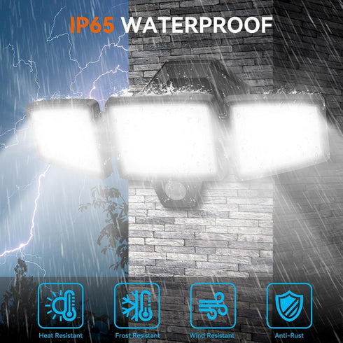 6500K IP65 3-Head LED Security Lights Motion Sensor Outdoor Lights, Daylight, Waterproof, Dusk to Dawn, Motion Detected
