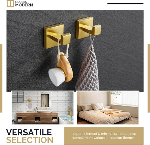 Angle Simple Towel Hook Brushed Gold 2 Pack, 304 Stainless Steel Square Robe Hook for Bathroom