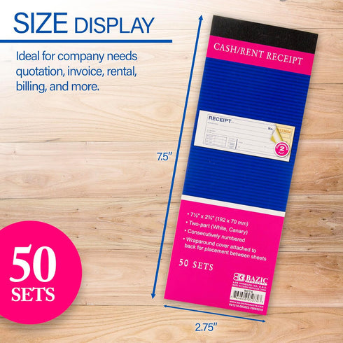 BAZIC PRODUCTS 2-Part 50 Sets 7 1/2" 2 3/4", (50 Sets/Pack), 2-Packs Receipts Book, Money Cash Rent Receipts