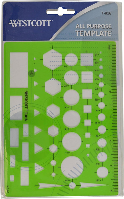 Westcott T-816 All-Purpose Technical Drawing Template, Green, 4.5 by 6 in, Plastic Shape Tool