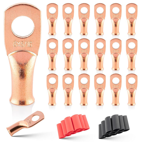 RED WOLF 6 AWG 20 Pcs Wire Lugs Ring Terminal Connectors, 5/16"(M8) Copper Connector Ends with Heat Shrink Tubing