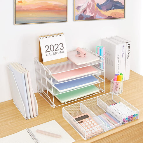 Desk Organizers and Accessories, 4 Tier Tray Letter Paper Organizer with Vertical File Holder for Office Supplies, White