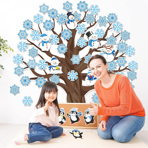 Whaline 104Pcs Winter Tree Bulletin Board Decoration, Snowflake Tree Snowman Penguin Cutouts for Holiday Party School