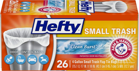 Hefty Small Garbage Bags, Flap Tie, Clean Burst Scent, 4 Gallon, 26