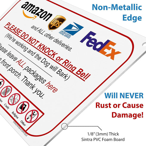 Leave Package Sign - Do Not Knock or Ring Doorbell, Dog Will Bark, 6" x 9", Waterproof PVC