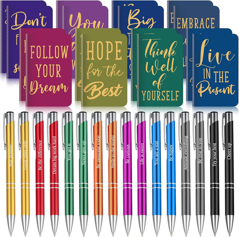 Funrous 32 Pcs Motivational Quote Pens, Inspirational Notepads & Mini Journal Gift Set for Students & Office