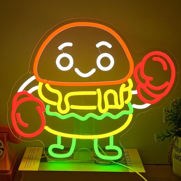 Boxing Hamburger Neon Sign Dimmable Food Burger Neon Light Hamburg Boxing Led