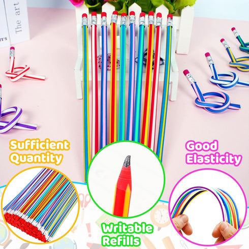 Haawooky 45 Pieces Flexible Soft Colorful Stripe Rubber Pencils with Erasers for Kids Gift