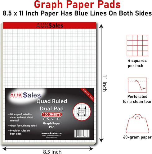 AUKSales Graph Paper Legal Pads, 8.5 x 11 Inches, 100 Sheets, 3 Pack Quad Ruled Paper Pad for School Office Supplies