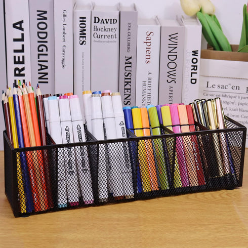 Black Mesh Pen Pencil Holder, Small Metal Desk Organizer with 6 Compartments for Office Supplies, Home, School,