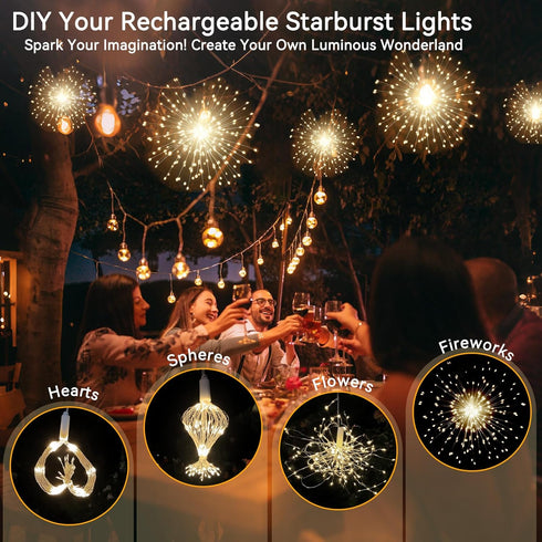 SeaShine 480LED 8 4 Pack Fireworks Lights Outdoor, Rechargeable Hanging Fairy Starburst Lights, Waterproof Smart