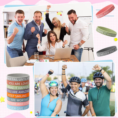JUNEBRUSHS 64pcs Motivational Quote Silicone Bracelets, Bulk Colored Inspirational Rubber Wristbands, Unisex