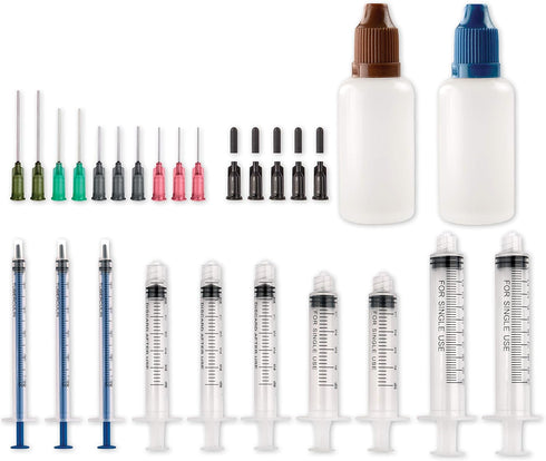 Free Hand Syringe Blunt Tip Needle Set - 10 Syringes, 10 Needles, 10 Caps, 2 Storage Bottles for Measuring Liquids