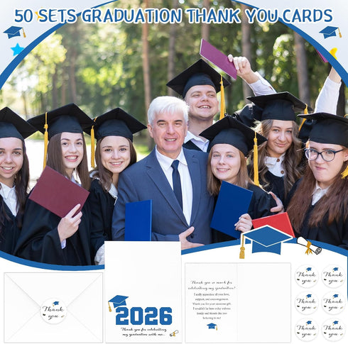 Motipuns 100 Sets 2026 Blue Graduation Thank You Cards with Envelopes and Stickers Pre-printed Message Bulk