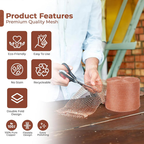 Copper Mesh Rodent Control Roll, 5in x 52ft - Rustproof for Pest, Bat & Snail, Perfect for Gardening & Hole Blocking