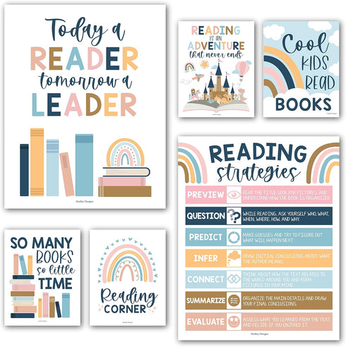 Hadley Designs 6 Reading Strategies Motivational Posters for Classroom, Boho Wall Decor, Read Corner Library Sign