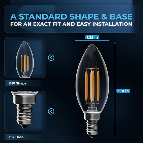 BlueStars 12-PACK B10 E12 LED Bulbs, DIMMABLE 4W 2700K Warm White, 40W Equivalent, 440 Lumens for Ceiling Fan,