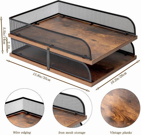 Set of 2 Vintage Black Wood & Metal Letter Tray, Desk Organizers Paper Tray, Office File Organizer