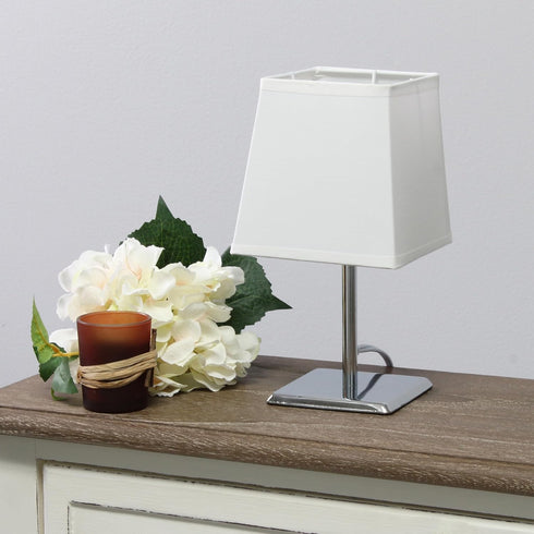 LT1209-WHT 9.65" Simple Designs Sleek and Square Mini Chrome Table Lamp with Empire Fabric Shade, for Living Room