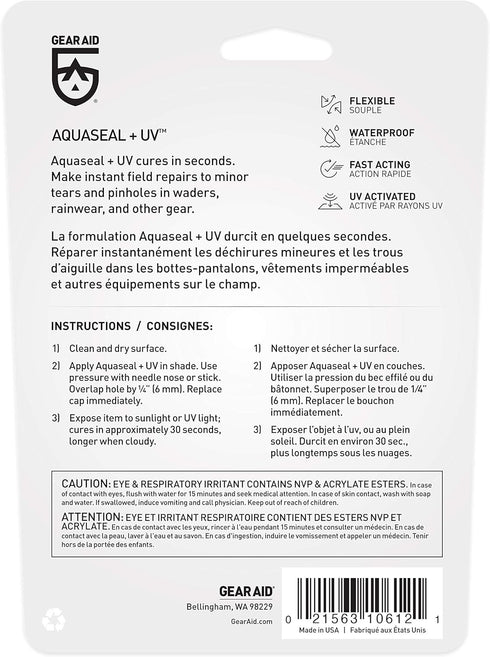 GEAR AID Aquaseal UV Repair Adhesive, Quick-Drying, Waterproof Sealant for Waders, Drysuits, 0.25 oz