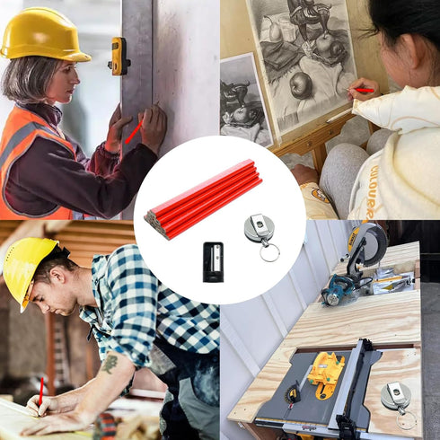 JAKOUE 12 set,7 Inches Pcs Red Carpenter Pencils Woodworking Construction Pencils with Pencil Sharpener and Retractable